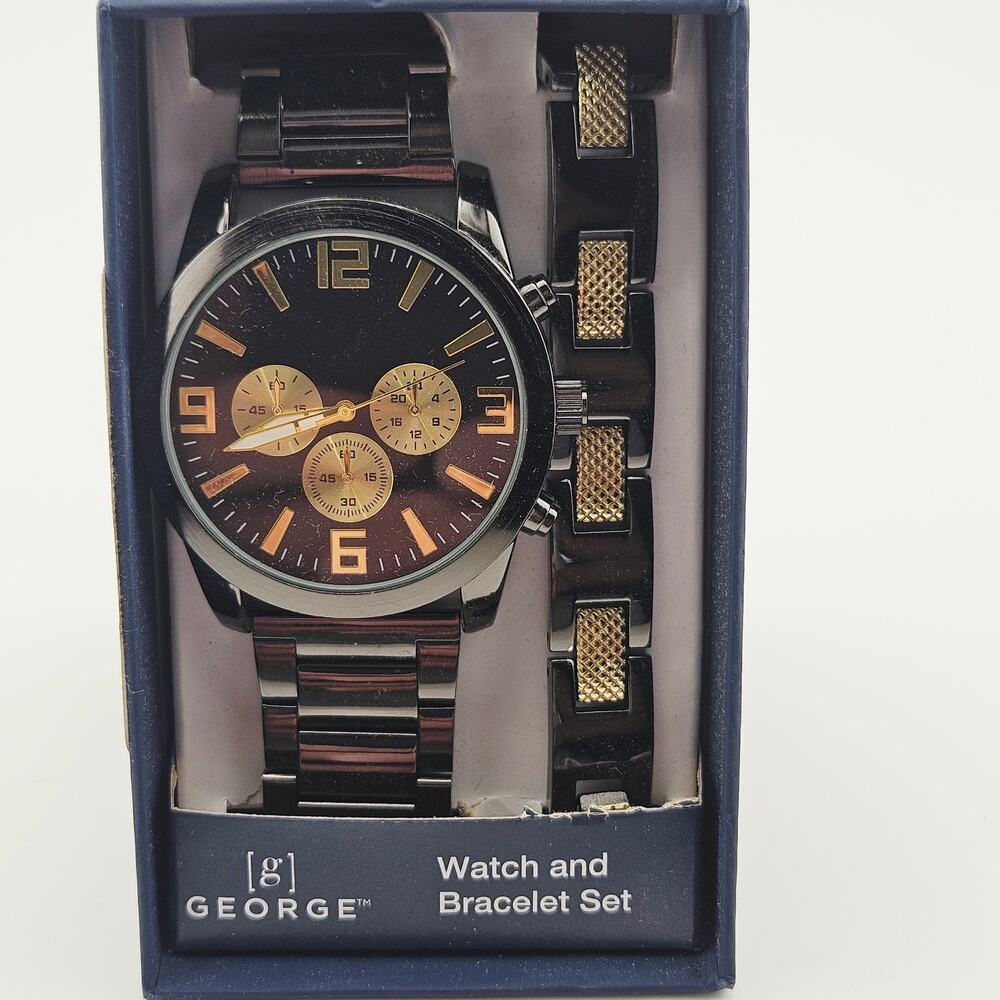 George Analog Multidial Watch & Bracelet Set Two Tone Black Gold Link NEW